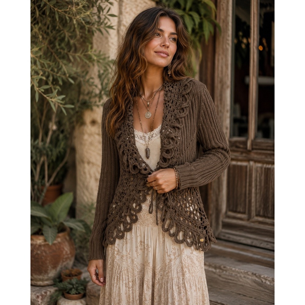 Pure Handknit M / L Cardigan Sweater Brown Crochet Ruffle Cottagecore Boho Knit